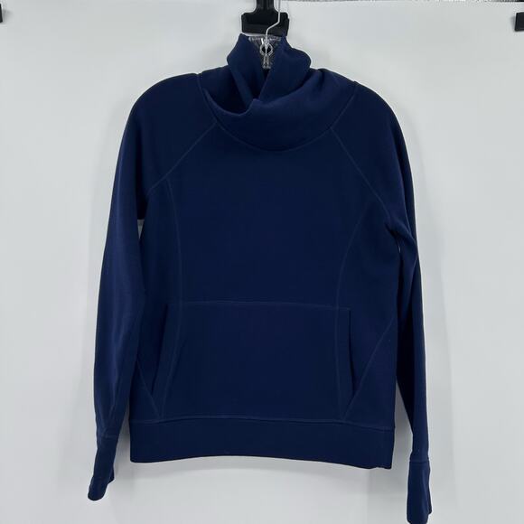 Athleta Hurdle Wrap Neck Pullover Navy Blue Kangaroo Pocket Wool Blend Womens S - Picture 3 of 11